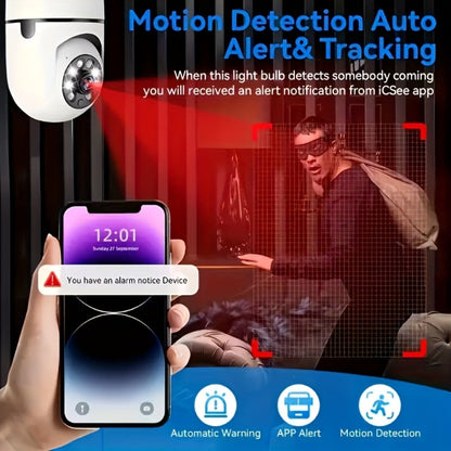 3MP Bulb Security Camera 360° Panoramic WiFi Indoor Surveillance, Dual Band 5GHz & 2.4GHz, Night Vision, Two-Way Audio, App Control – Screw-In Home Garage Pet Baby Nanny Monitor Camera