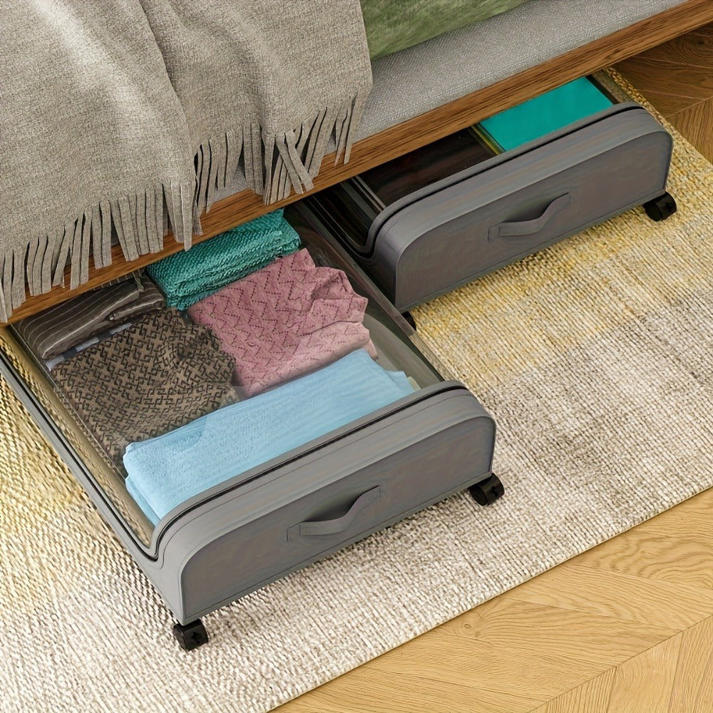 Rolling Under-Bed Storage Organizer Set with Two Lidded Bins, Locking Wheels and Black or Gray Options