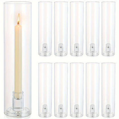 Hurricane Glass Candle Holders for Taper Candles | 11.8 Inch Tall Clear Cylinder Windproof Candlestick Stand for Wedding, Party, Christmas, Halloween & Home Decor - 2pcs / 10pcs Set