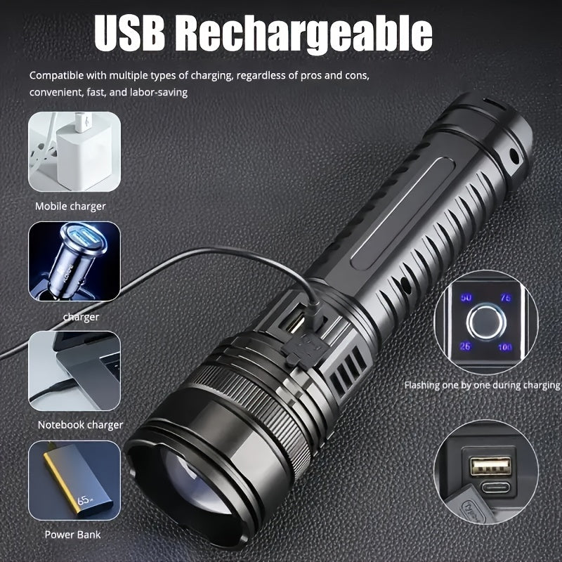 Flashlight Extra-Large Zoomable Torch with Five Modes, COB Tail Light and USB Power-Bank Output