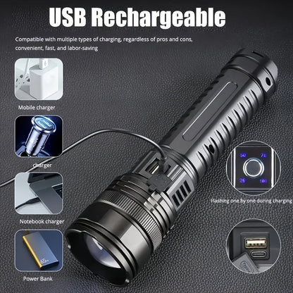 Flashlight Extra-Large Zoomable Torch with Five Modes, COB Tail Light and USB Power-Bank Output