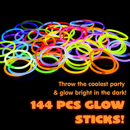 144-Piece 8-Inch Glow Stick Party Pack in Seven Pictured Colors with Bracelet and Necklace Connectors
