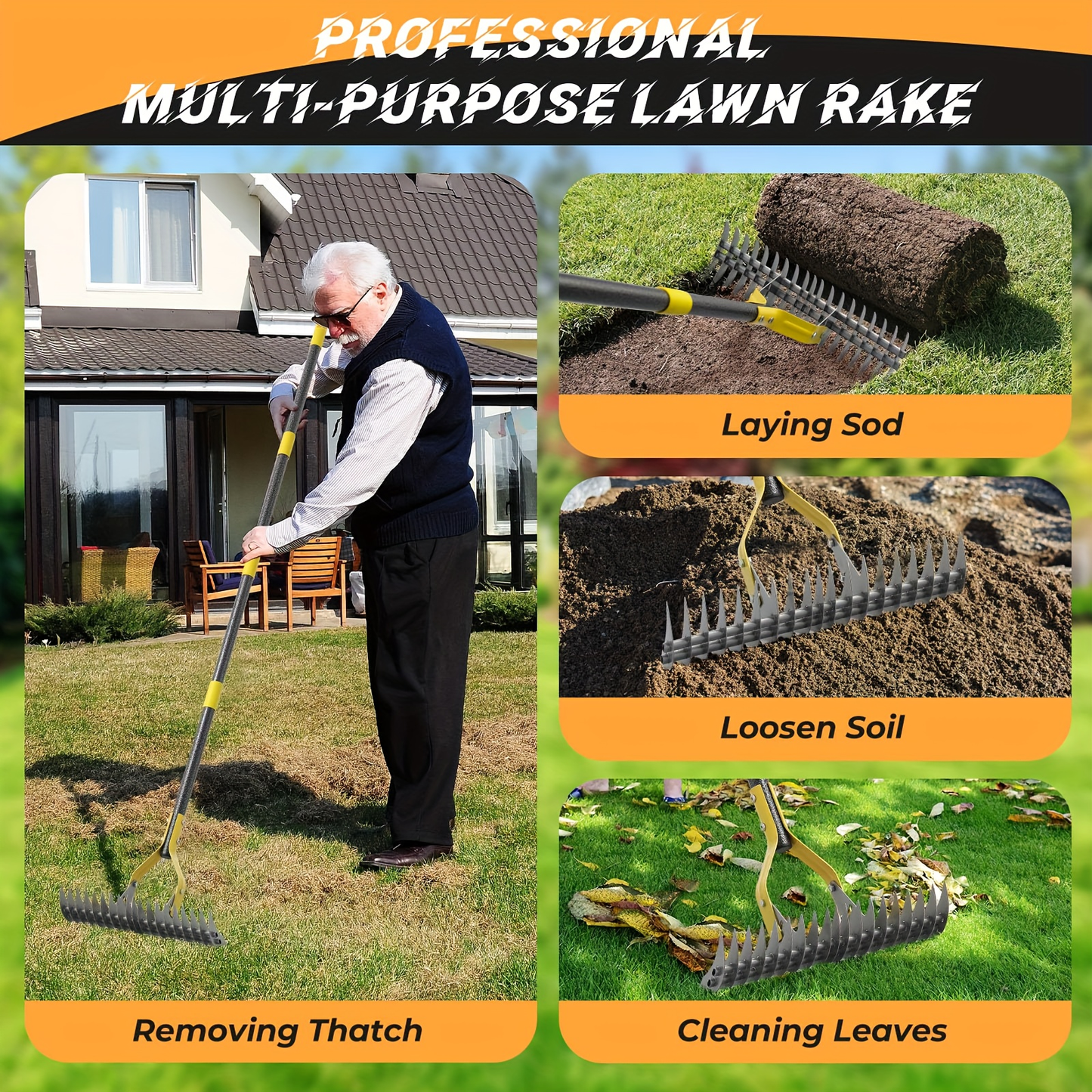 15-Inch Garden Thatch Rake with Curved Metal Teeth and 55- or 70-Inch Sectional Handle Options