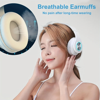 Wireless Headphones Deep Bass Foldable Built-in Mic 3.5mm Wired Stereo Sound Type-C for Bedside Audio, Alarms and Room Entertainment