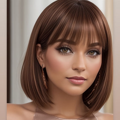 Synthetic Wig 12-Inch Straight Bob with Bangs and Rose Net Cap in Four Color Finishes for Daily Style