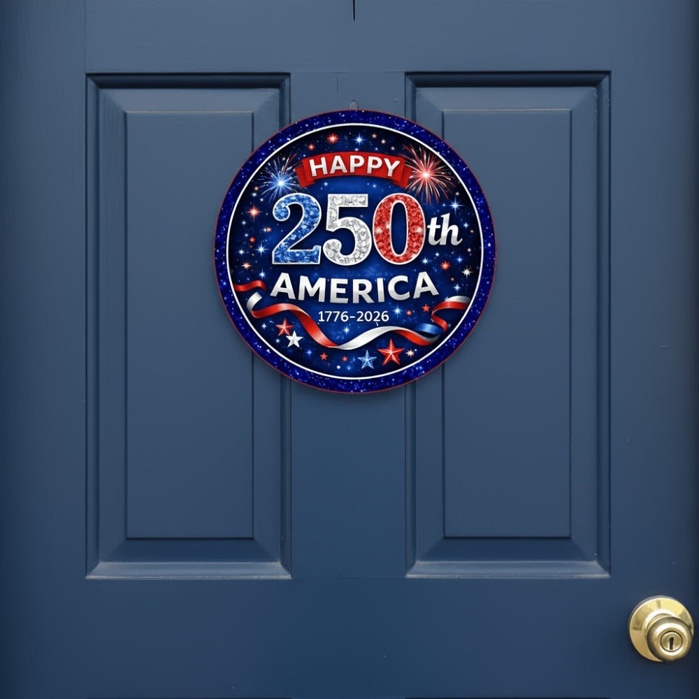Patriotic Wooden Door Sign with Round 1776-2026 Anniversary Design for Indoor Wall or Entryway Display