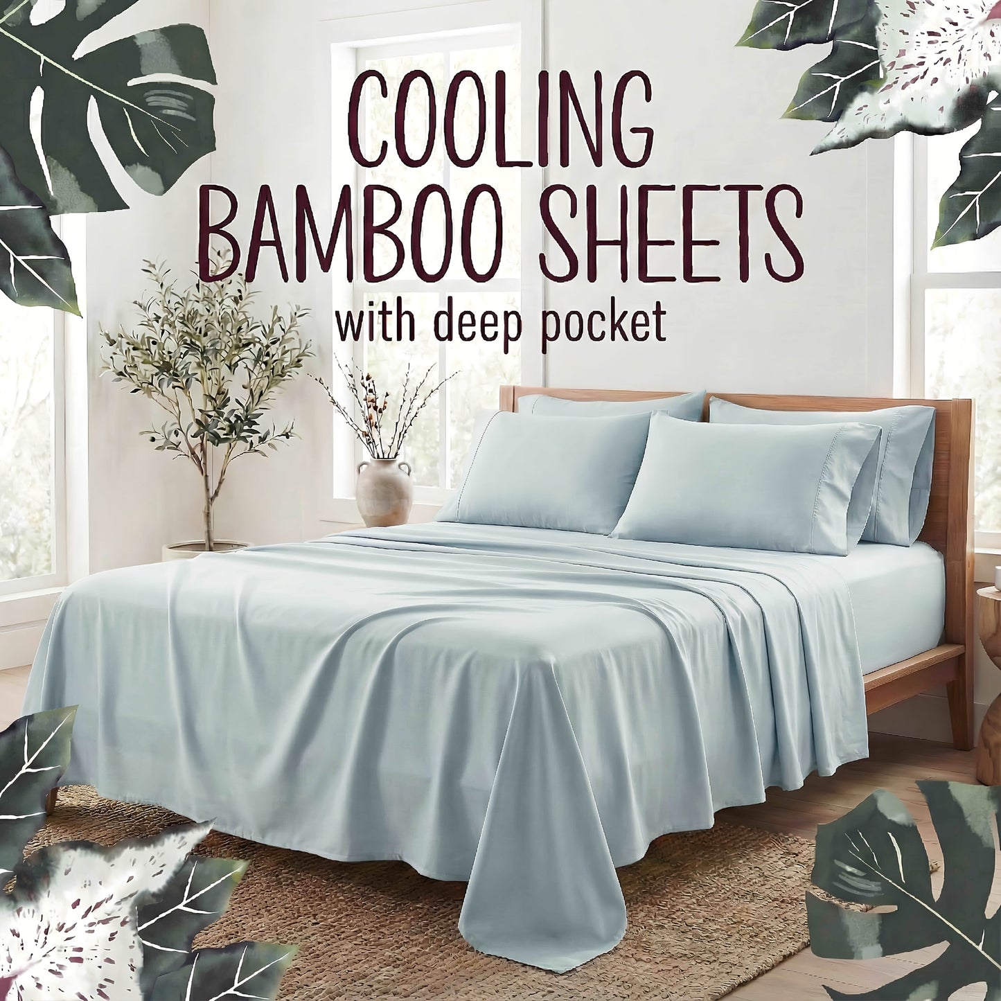Bed Sheet Set 4-Piece Bamboo Fiber with Deep-Pocket Fitted Sheet, Four Sizes and Twelve Color Options