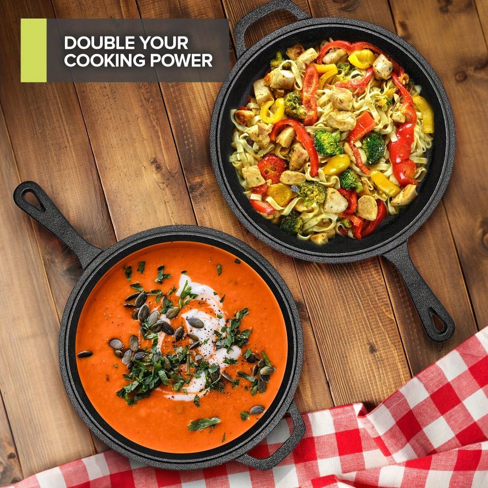 Cast Iron Dutch Oven & Frying Pan Set – Pre-Seasoned 2-in-1 Cookware, Deep Pan + Skillet for Stovetop, Induction, Oven, BBQ & Outdoor Cooking, Multi-Purpose Pots and Pans Set