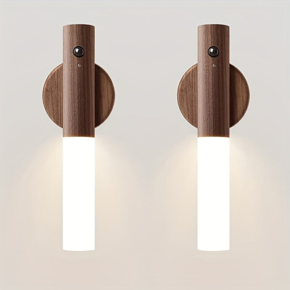 Night Light Motion Sensor Wall Lamp 2-Pack with USB Rechargeable Power, Magnetic Mount and Two Wood-Tone Finishes
