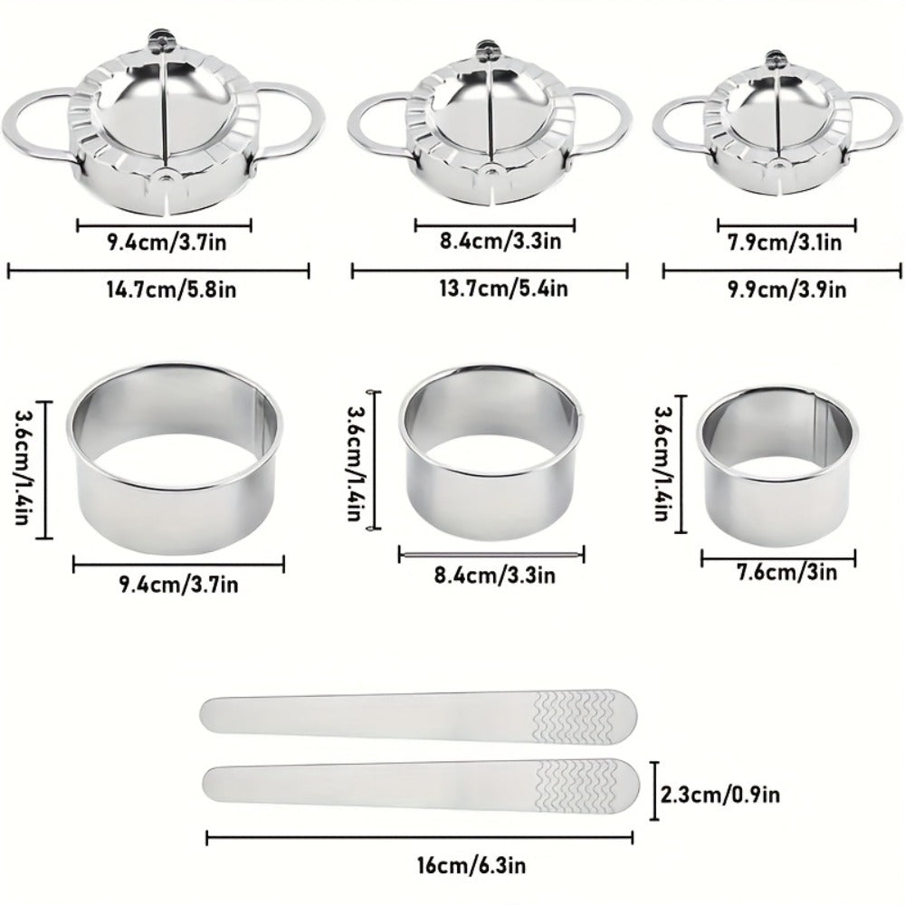 Thirteen-Piece Dumpling Maker Tool Set with Wooden Handles, Round Cutters and Folding Presses in Multiple Sizes