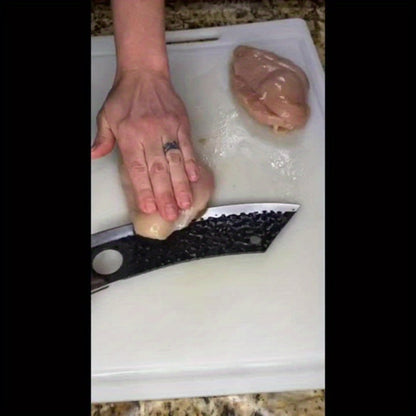 Wide 8-Inch Cleaver-Style Kitchen Knife with Finger Hole, Hammered-Look Blade and Wood-Tone Handle