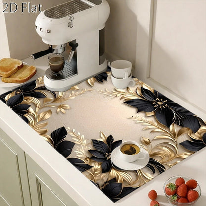 Black and Gold Floral Stove Protector Mat, 28.35 x 20.47 Inches with Beige Decorative Background