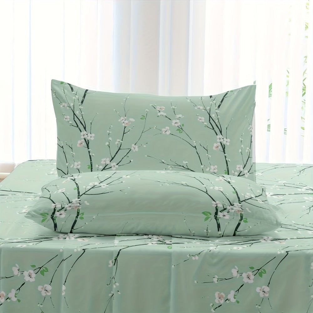 Bed Sheet Set 4-Piece Plum Blossom Floral Polyester with 15-Inch Pocket and Four Color Options