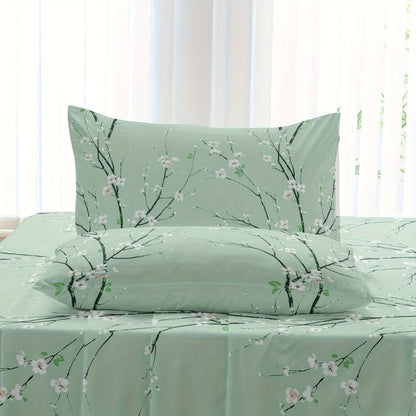 Bed Sheet Set 4-Piece Plum Blossom Floral Polyester with 15-Inch Pocket and Four Color Options