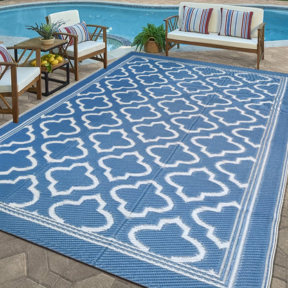 Blue and White Reversible Outdoor Mat with Geometric Pattern and Two Rectangular Size Options