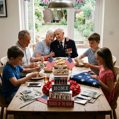 Home of the Free Patriotic Wooden Block Sign with Four-Tier Red, White and Blue Tabletop Design