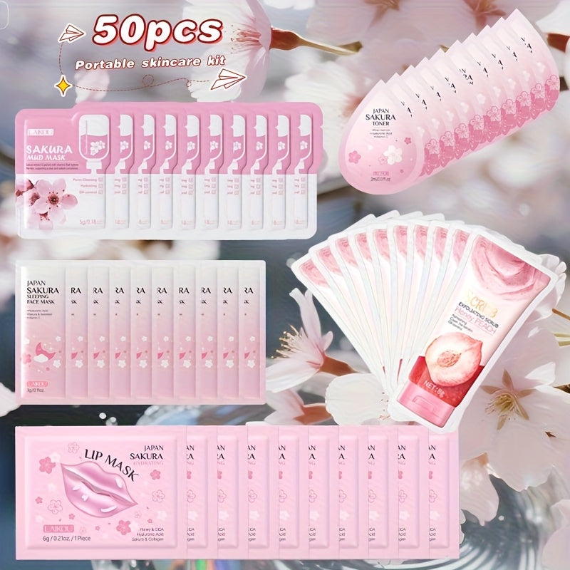 Skincare Set with LAIKOU Label, 50 Sakura Sachets Across Mud Mask Sleep Mask Scrub Lip Mask and Toner