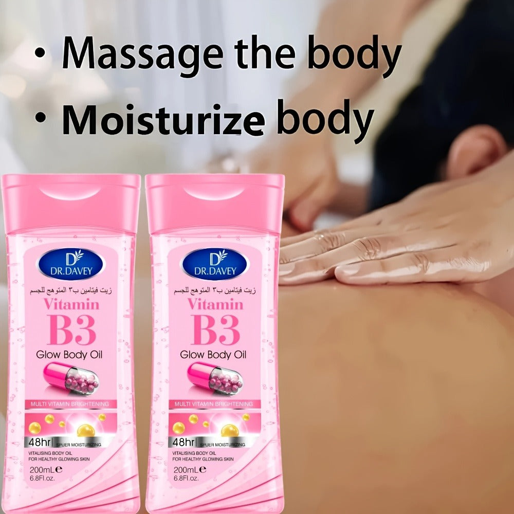 Vitamin B3 Body Oil, Two-Piece Set of 200ml Flip-Top Bottles with Coordinated Pink Niacinamide Labels