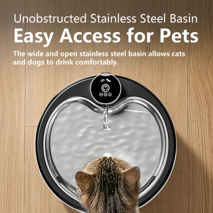 2.5L Cordless Pet Water Fountain with Black Stainless-Steel-Marked Basin, 4000mAh Battery and Water Window