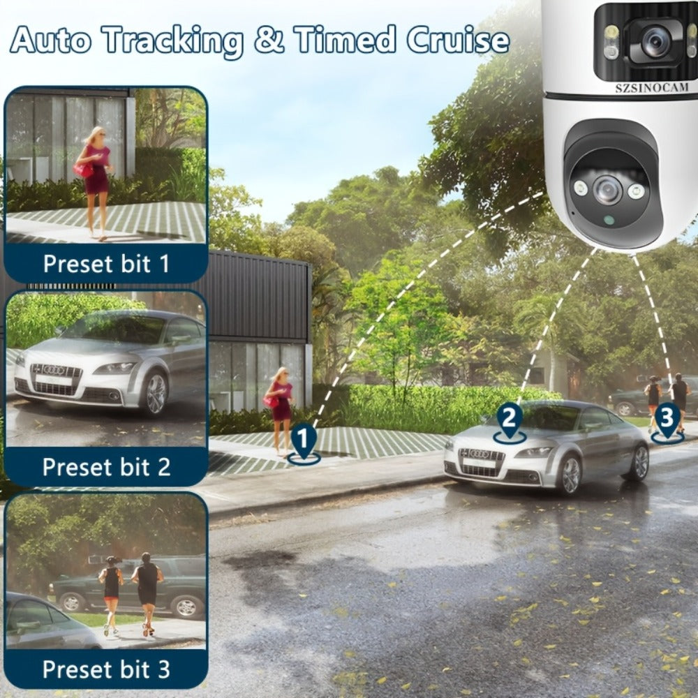 Dual Lens PTZ Outdoor Security Camera IP66 Weatherproof with Auto Tracking, Dual Screen, Night Vision, 2-Way Audio, Motion Detection & 2.4G WiFi – Wireless IP Cam for Home & Street Surveillance
