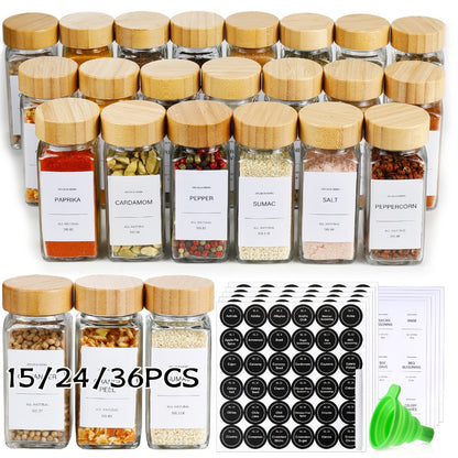 Glass Spice Jars with Labels and Lids 4oz, Empty Spice Bottles with Foldable Funnel for Kitchen Organization, Airtight Condiment Storage Containers for Herbs and Seasonings, Set of 15 24 or 36 Pieces
