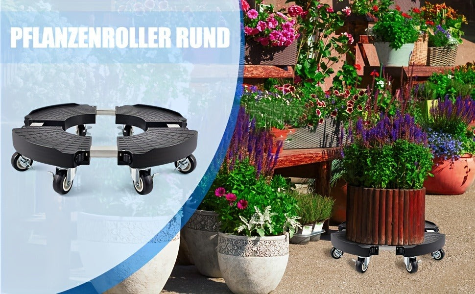 Adjustable Round Black Plant Caddy with Eight Lockable Casters for 8 to 22-Inch Pots and Containers