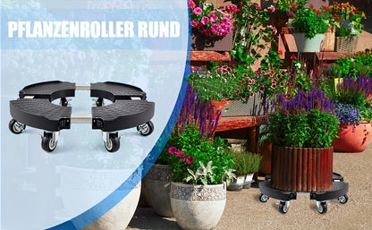 Adjustable Round Black Plant Caddy with Eight Lockable Casters for 8 to 22-Inch Pots and Containers