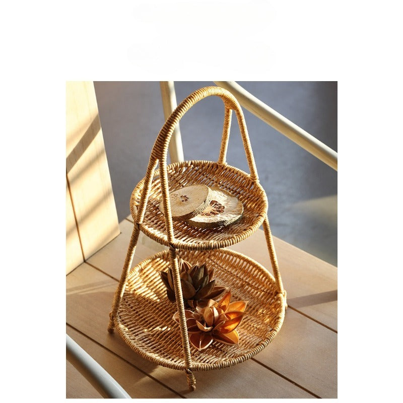 Tiered Serving Tray Rattan Style Round Multi-Layer Fruit Snack Display Stand for Parties Weddings Buffets Nuts Desserts Space-Saving Elegant