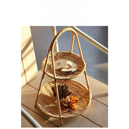 Tiered Serving Tray Rattan Style Round Multi-Layer Fruit Snack Display Stand for Parties Weddings Buffets Nuts Desserts Space-Saving Elegant