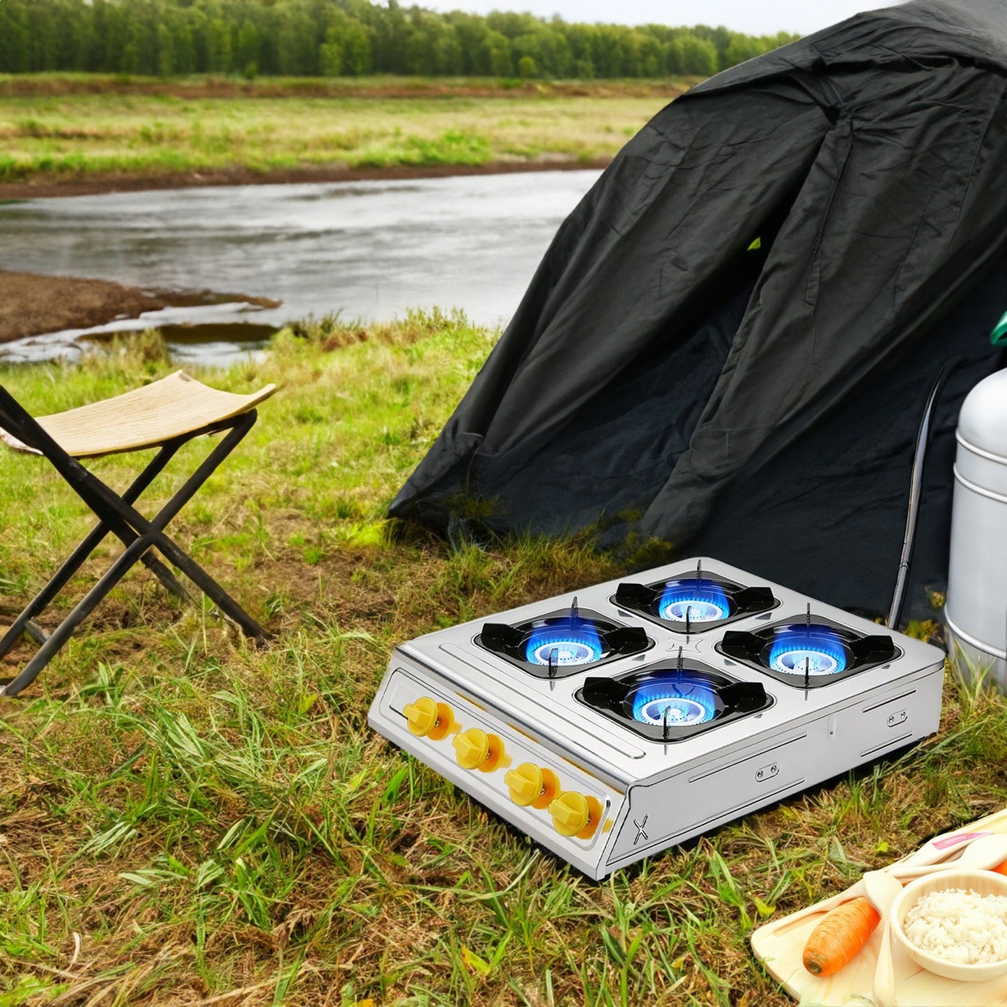 4 Burner Propane Stove 40000 BTU Auto Ignition Outdoor Gas Cooker for Camping Garden Fishing Hiking Restaurant Backyard Party Large Group Cooking Heavy Duty