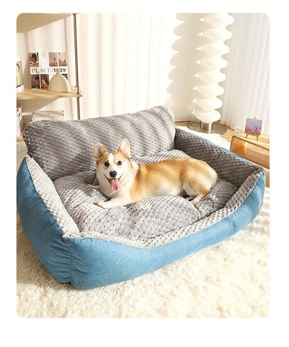Blue-Gray Dog Bed Couch with Raised Back and Side Bolsters in Four Sizes, Plus One Random Cat Teaser