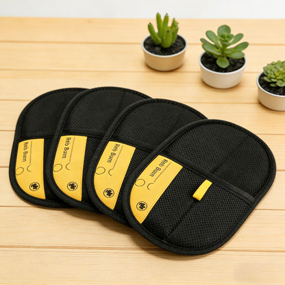 Reusable Fabric Pet Hair Removal Mitt Set with Four Black Mitts and Yellow Hand Straps for Upholstery