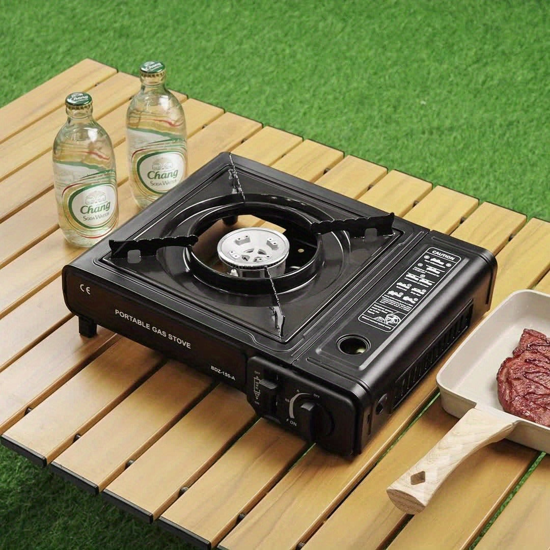 Black Single-Burner Butane Tabletop Camping Stove with Carrying Case, Adjustable Knob and US-Spec Option
