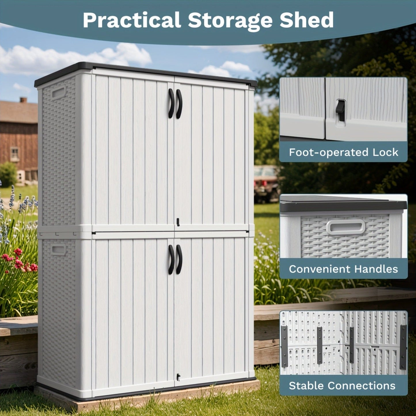 Resin Outdoor Storage Cabinet and Shelf Options in White or Beige with 4 x 2 Ft Shed Sizes