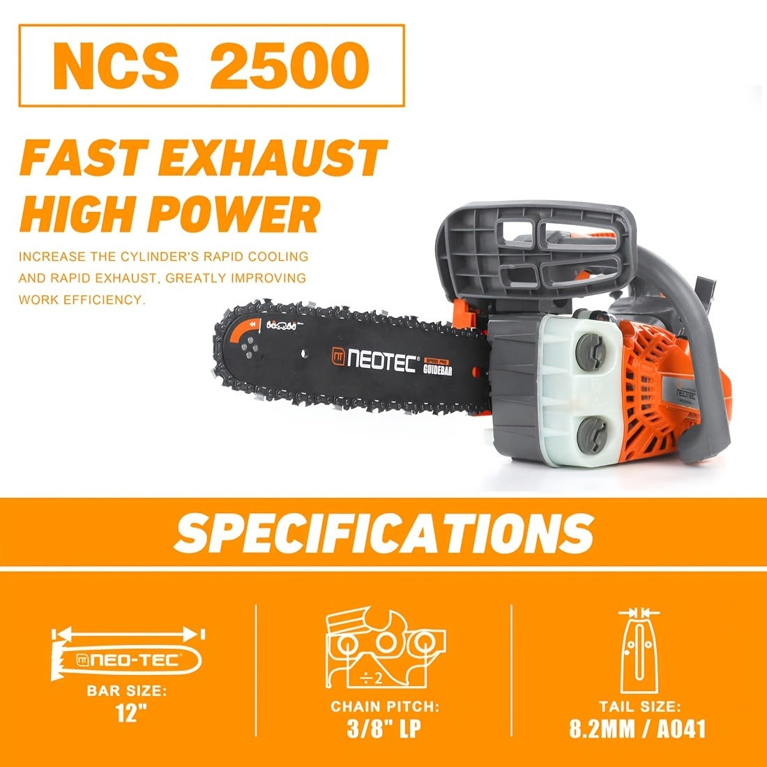 NEO-TEC NCS2500 Top Handle Gas Chainsaw 12-Inch – 25.4CC 2-Stroke, One-Hand Operation, 8 lbs, Easy Start, Portable Tree Cutting Saw