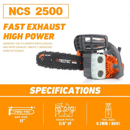 NEO-TEC NCS2500 Top Handle Gas Chainsaw 12-Inch – 25.4CC 2-Stroke, One-Hand Operation, 8 lbs, Easy Start, Portable Tree Cutting Saw