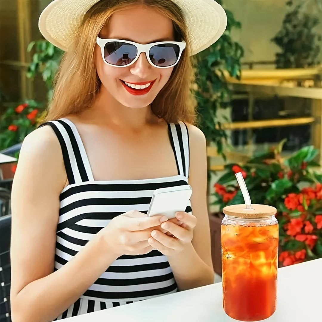 Drinking Glasses Set with Lid and Straw 550ml Oval Glass Cups 4 or 6 Piece – Iced Coffee Smoothie Bubble Tea Juice Tumbler Set for Home Entertaining Gifting