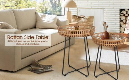Rattan Side Table Nesting Tables Set of 2 Round Boho End Table Natural Bamboo Woven Coffee Table Metal Base for Living Room Bedroom Sofa Terrace