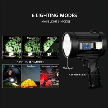 Flashlight IPX4 Solar and USB Rechargeable Searchlight with Six Modes and Three Color Filters