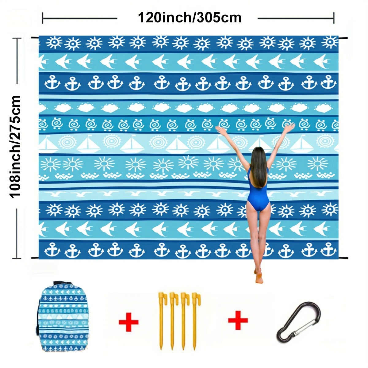 Printed Beach Mat with 19 Exact Size-and-Pattern Options, 198 x 205cm to 275 x 305cm with Stakes and Pouch