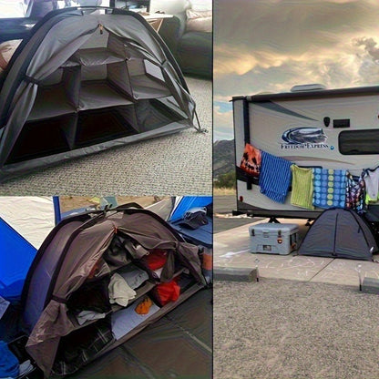 Curved-Top Nine-Shelf Camping Organizer in Brown or Gray with Zippered Front Flap and Folded Carry Form