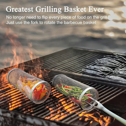 Rolling Grill Basket Stainless Steel 2-Pack, Cylinder BBQ Basket with Hook & Fork for Vegetables