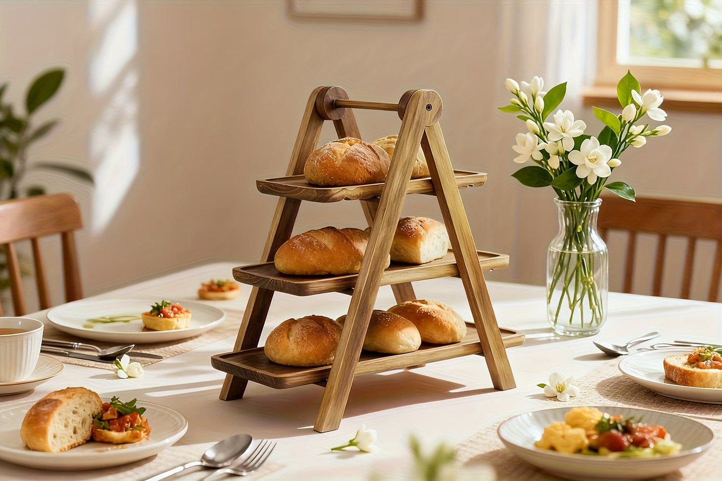 Cake Stand 3 Tier Wooden Serving Tray Farmhouse Dessert Display Cupcake Tower Bread Basket Collapsible Tiered Platter for Wedding Party Charcuterie