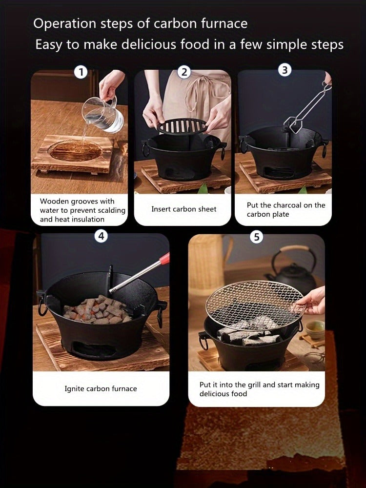Cast Iron Charcoal Grill Round Portable, Mini BBQ Grill with Wooden Board & Stainless Steel Mesh Tray, Compact Tabletop Charcoal Grill for Outdoor Camping, Pizza, Tea Cooking & Family BBQ