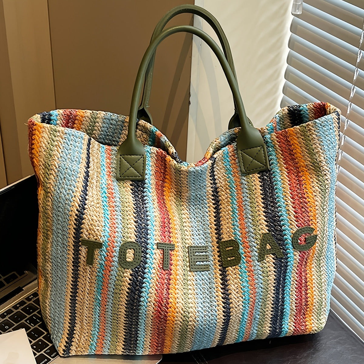 Striped Woven Tote Bag with Letter Detail, Open Top and Black, Green or Brown Handle Options