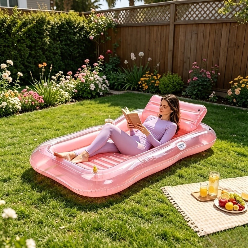 Pool Float Tanning Lounger, 74.8 x 45.2 Inches with Sprinkler Rim, Pillow, Cup Holder and Repair Patches