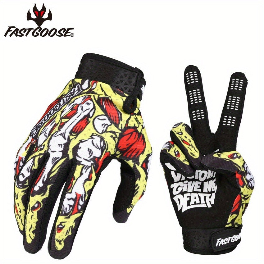 Printed Full-Finger Motocross Gloves with Black Palms, Wrist Closures, Blue or Yellow in M to XL
