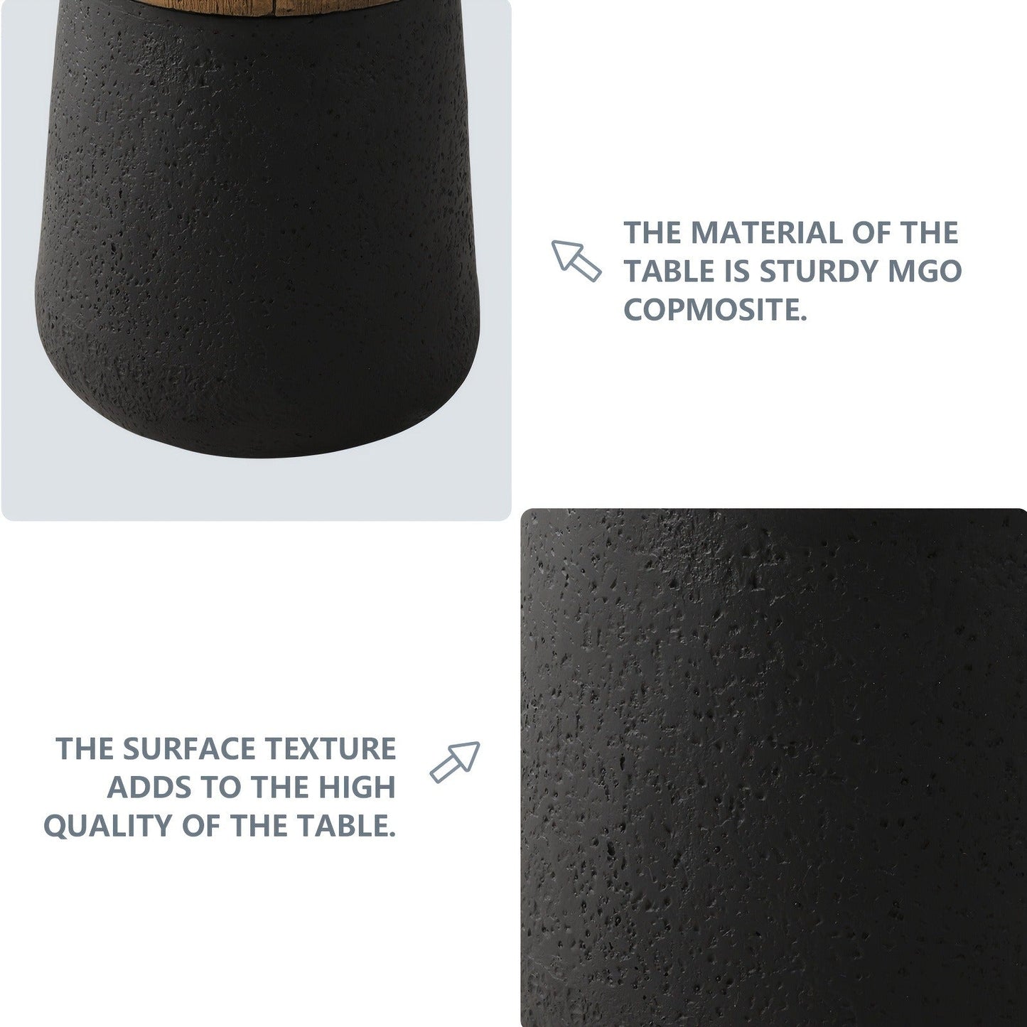 Outdoor Side Table 17-Inch Concrete Design with Wood-Look Finish in Black, Hourglass or Small Options