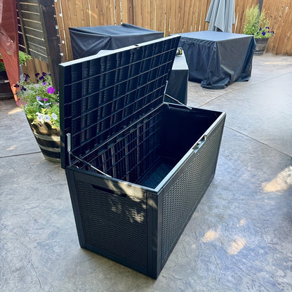 Large Gray Rattan-Look Outdoor Storage Box with 110-Gallon Pictured Capacity, Handles and Hinged Lid