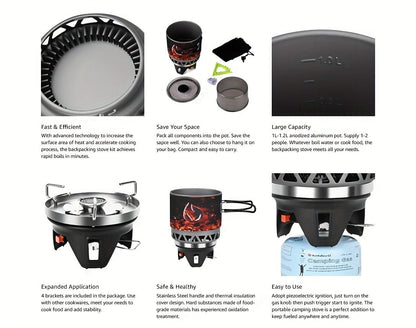 Backpacking Stove Cooking System with Pot Piezo Ignition 1KW Isobutane Burner 1.2L Pot Brackets Included Lightweight Portable for Hiking Camping Fishing Hunting